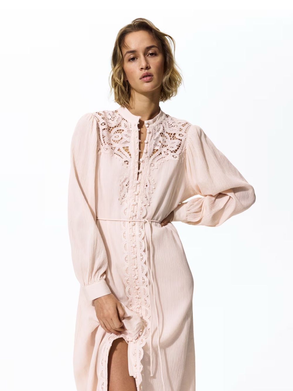 H&M Blush Lace-Trim Long Sleeve Maxi Dress